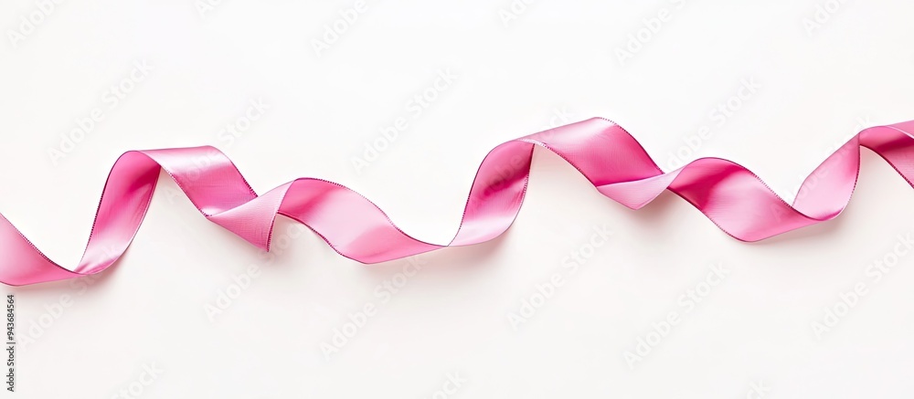 Poster A pink ribbon set against a white background Curly pink ribbon Blank space for design Romantic backdrop image. with copy space image. Place for adding text or design