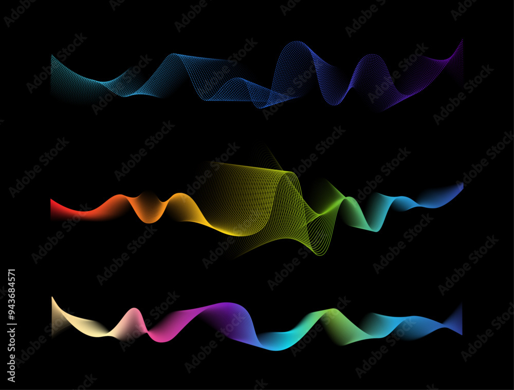 Poster Sound wave visualization colorful 3d lines and curves. Vector isolated set of solid waveforms, voice sample patterns. Abstract minimal liquid shape. Fluid background or pulse with gradients