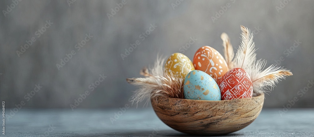 Leinwandbilder Easter eggs and feathers arranged in a wooden bowl on a gray background Concept of a joyful Easter holiday. with copy space image. Place for adding text or design