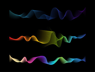 Sound wave visualization colorful 3d lines and curves. Vector isolated set of solid waveforms, voice sample patterns. Abstract minimal liquid shape. Fluid background or pulse with gradients