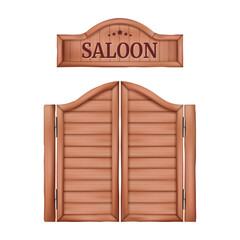 Saloon wooden doors and sign of drinking establishment. Vector isolated realistic pub or bar for westerners. Game design exterior decoration of scenery, cafe or shop entrance, gates to enter