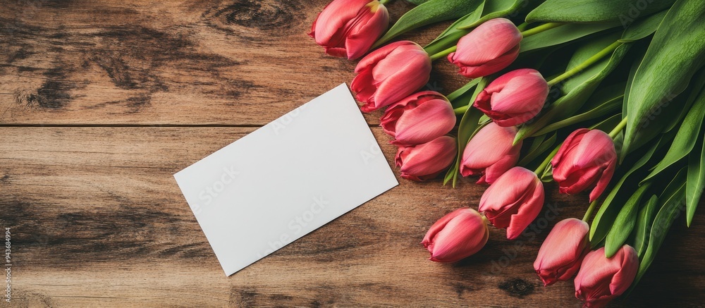 Fototapete Stylish table arrangement featuring a blank card and tulips on a wooden backdrop. with copy space image. Place for adding text or design