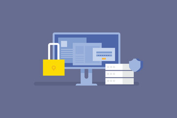 Data Security concept, Data encryption technology, Data protection from cyber attack, Server security update. Vector illustration background.