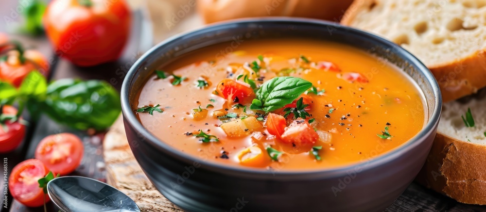 Poster Homemade Italian tomato soup with basil and a spoonful of sour cream in a soup pot accompanied by an Italian bread roll and a tomato on a stone surface. with copy space image