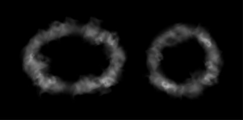 Smoke frames collection. Vector realistic set of borders from fog, haze clouds in shape of circle and ellipse. Abstract light shades mist traces banners with dynamic and captivating effect