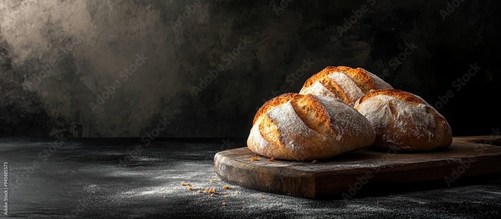 Leinwandbilder Homemade Italian bread Freshly baked Dark backdrop. with copy space image. Place for adding text or design