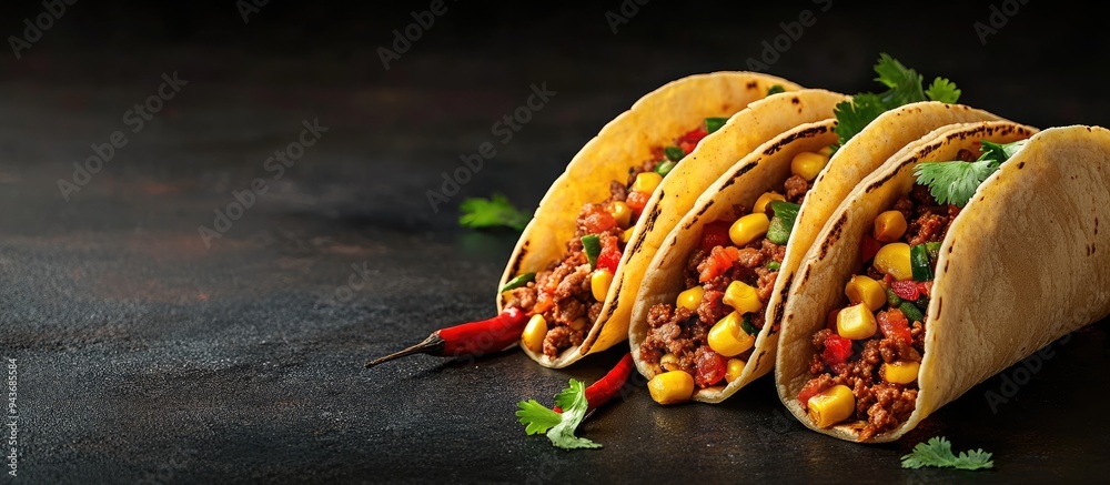 Poster traditional mexican tacos filled with minced meat corn chili pepper and salsa sauce. with copy space