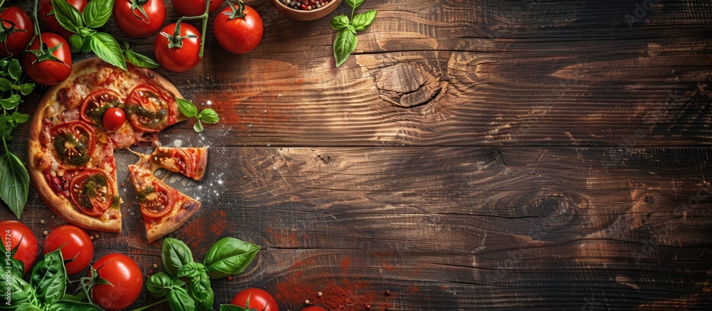 Aufkleber sliced margherita italian pizza featuring melted mozzarella cheese tomatoes and fresh basil on a rus