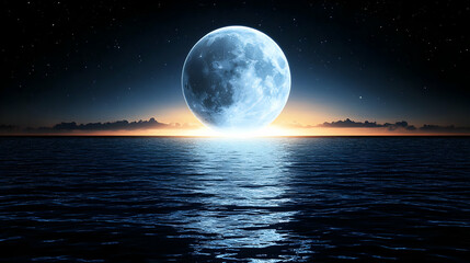 A large moon shines over a calm sea at night.