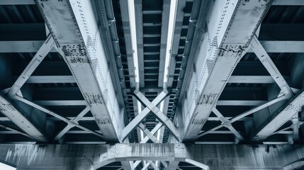 Naklejka premium Abstract view of structural beams and supports in a large bridge, representing civil and structural engineering