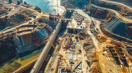 Aerial view of a dam under construction, with concrete being poured and large machinery in place