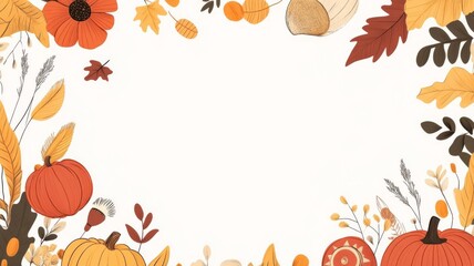 Naklejka premium A Thanksgiving theme border, seasonal festive, featuring pumpkins, sunflowers, colorful leaves, pies, and others. Warm colors, on white background.