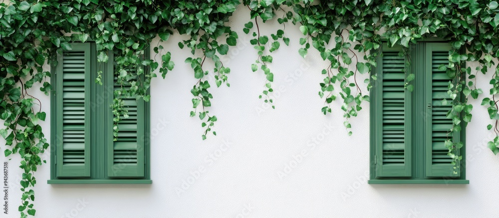 Poster Ivy climbing on a white wall with green window shutters. with copy space image. Place for adding text or design