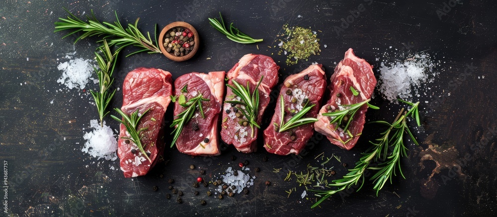 Poster Fresh meat Raw beef steaks with rosemary and spices arranged on a sleek blackboard Flat top view. with copy space image. Place for adding text or design