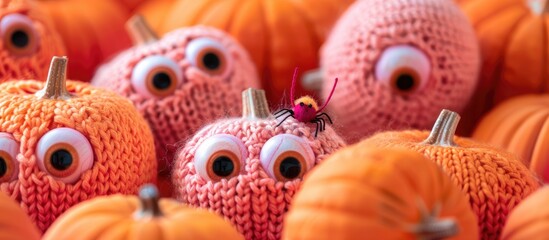 Fototapeta premium Two knitted pumpkins with eyes are gazing at a spider against a pink background Halloween symbol Vertical view. with copy space image. Place for adding text or design