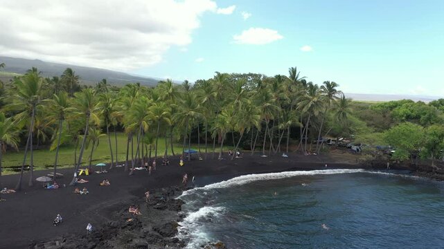 Black sand beach of Punaluu, Hawaii, USA, aerial view