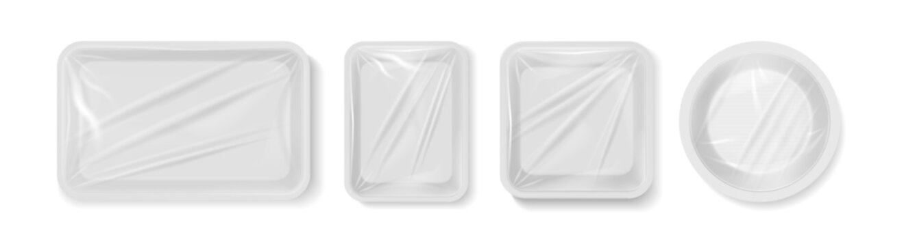 Empty styrofoam containers with transparent film wrapper. Vector isolated realistic boxes for food, plastic trays of rectangle, square and round shape. Blank packaging with cellophane bag for meal