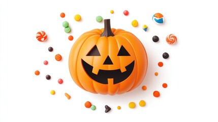 Halloween pumpkin cheerful ghost candy holder, flat design, top view, colorful candies, isolated on white background