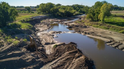 Aerial view of a riverbank stabilization project, with erosion control measures in place
