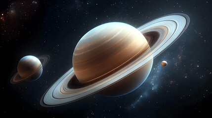 Naklejka premium A large planet with rings, possibly Saturn, is shown in space with a few stars in the background.