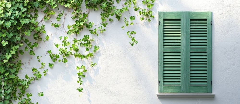 Poster Ivy climbing on a white wall with green window shutters. with copy space image. Place for adding text or design
