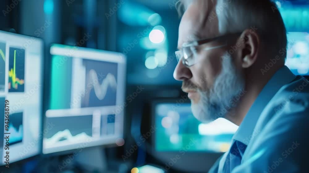 Aufkleber Senior engineer analyzing data on multiple monitors in a high-tech control room. Advanced technology and data-driven decision-making in a professional setting 