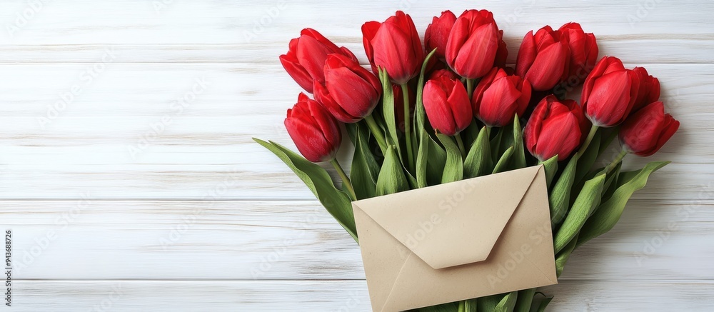 Poster Spring bouquet of red tulips and a card inside an envelope on a white wooden surface with copyspace Top view shown with space available for a signature