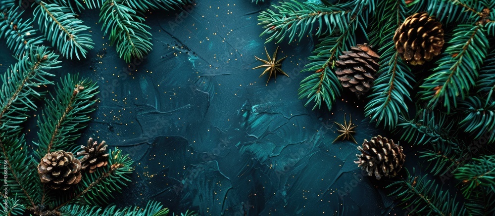 Poster Christmas and New Year backdrop A branch of a Christmas tree set against a black background Pine cones and tree decorations Top view Copy space