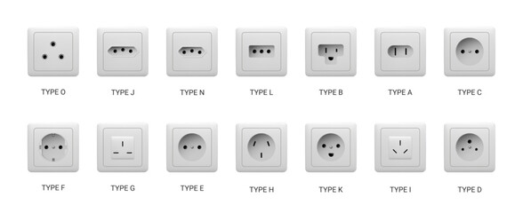 Electric power sockets types. Vector isolated set of different AC connectors and electrical equipment for home. Multiple standards plugs for appliances and technics. Realistic energy source