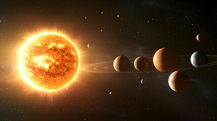 A large sun with a ringed planet in space.