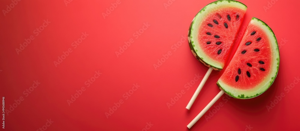 Aufkleber Watermelon slice shaped lollipops on a red background. with copy space image. Place for adding text or design