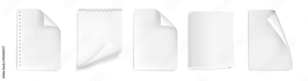 Aufkleber Sticky notes with curly edges. Vector isolated set of blank realistic pages with curly corners, folding or sticking. Notebook sheet for writing and drawing,sketchbook piece. Office and school supplies