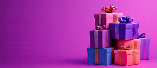 A stack of small colorful gift boxes with ribbons rests on a violet background. with copy space image. Place for adding text or design
