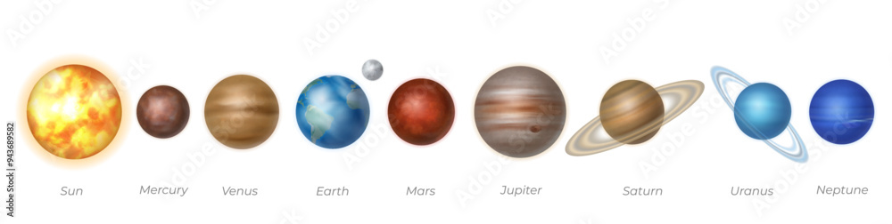 Poster solar system planets set in realistic design. sun and outer space gas giants jupiter and saturn, ice