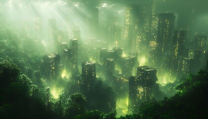 Obraz premium Splendid city covered with green trees and plant. Digital art . , no texte, no titre in picture ,cinematic lighting, design stage design,