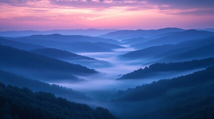 Obraz premium Layered fluffy waves of mist rolling over distant valleys at dawn, with the landscape slowly awakening beneath, Fluffy Distant Layers, Morning mist tranquility