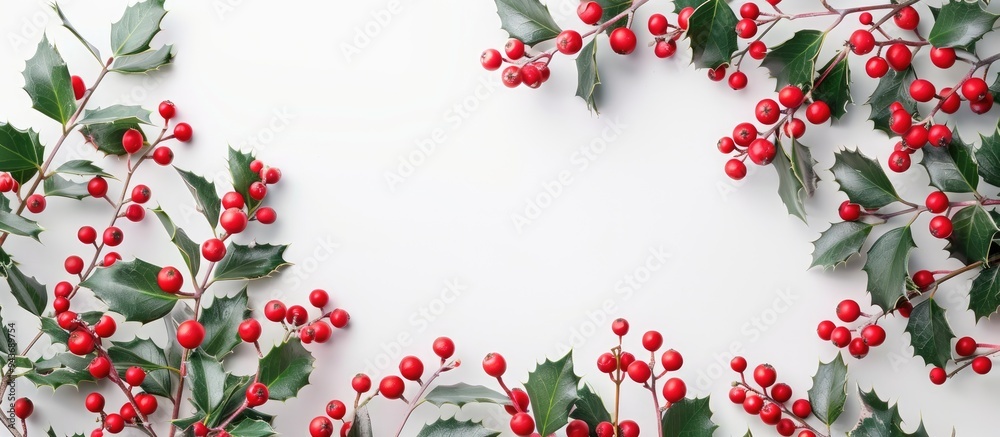 Poster arrangement of red holly berries and green branches on a white background natural winter decoration 