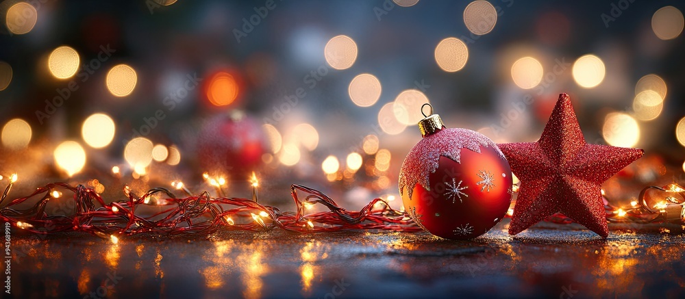 Poster Christmas ornaments with stars set against festive lights. with copy space image. Place for adding text or design
