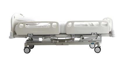 Empty white bed of Hospital modern with pillow and blanket in hospital room to accommodate patients isolated on cut out PNG or transparent background. For use in awaits treatment from doctor.	