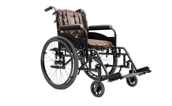 Empty brown, black wheelchair of hospital isolated on cut out PNG or transparent background. Sending sick people to hospitals. Medical equipment for disabled or those people cannot walk.
