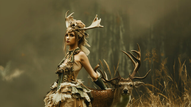 Woman in traditional druid attire mounted on a deer in a foggy field.