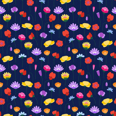 Wildflowers seamless pattern on a dark background. Bright meadow herbs and flowers. Floral summer vector illustration. Spring botanical background, modern style design