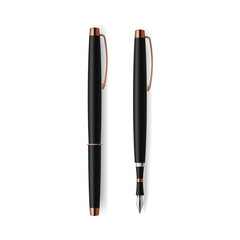 Fototapeta premium Black pen or markers, branding stationery and corporate identity. Vector ballpoint pencil for drawing or signing documents. Simple tool for writing, business deals. Office or school supplies