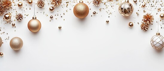Fototapeta premium Golden New Year and Christmas ornaments and decorations on a white background. with copy space image. Place for adding text or design