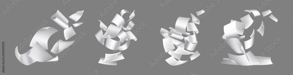 Poster Group of flying paper sheets, isolated empty office documents floating in air. Vector realistic stack of blank pages or notes in motion. Mess in paperwork. Falling leaflets or letters mockup