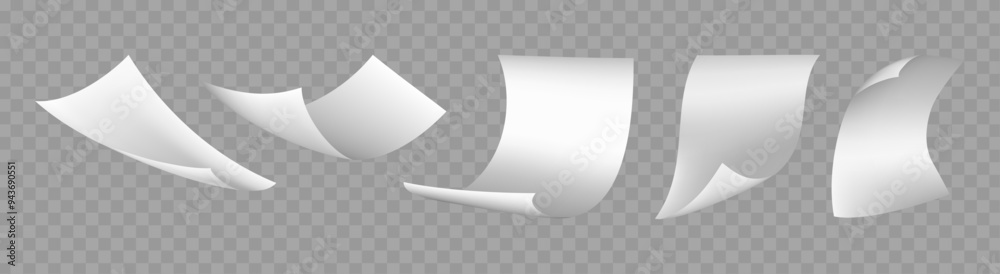 Poster realistic animation set of paper sheet falling down. vector curled letter or document, blank page fl