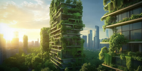 Obraz premium An eco-friendly cityscape at sunset with modern buildings adorned with greenery, reflecting the harmony between urban development and the natural environment.