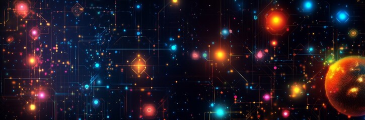 Obraz premium Abstract futuristic landscape with colorful glowing nodes, interconnected by digital lines. Dark space-like background with a partial orange sphere, resembling a planet