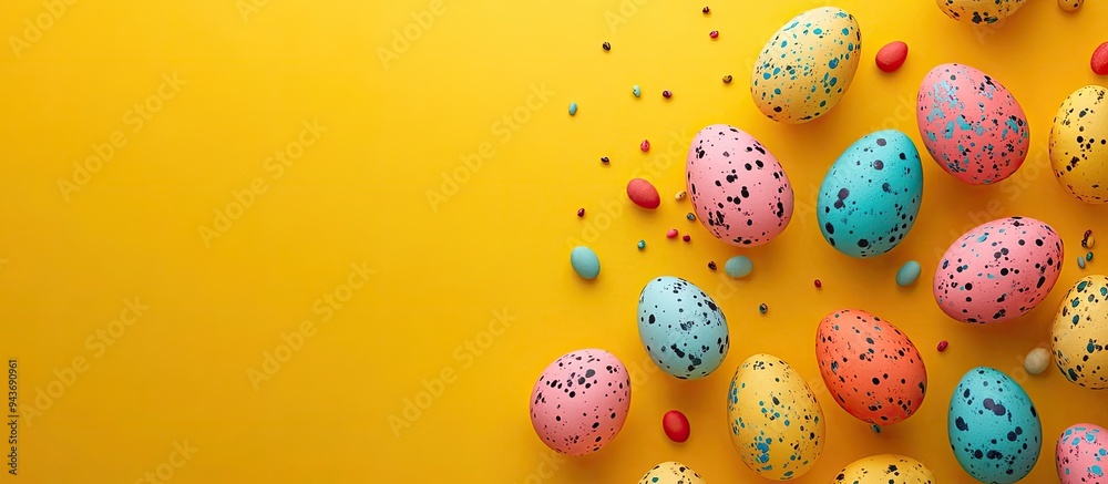 Leinwandbilder vibrant easter eggs on a yellow background top view room for text. with copy space image. place for 