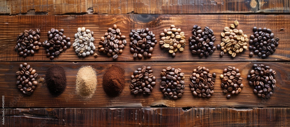 Poster Cup filled with coffee roasted beans on a wooden table top view aromatic drink ingredient background. with copy space image. Place for adding text or design